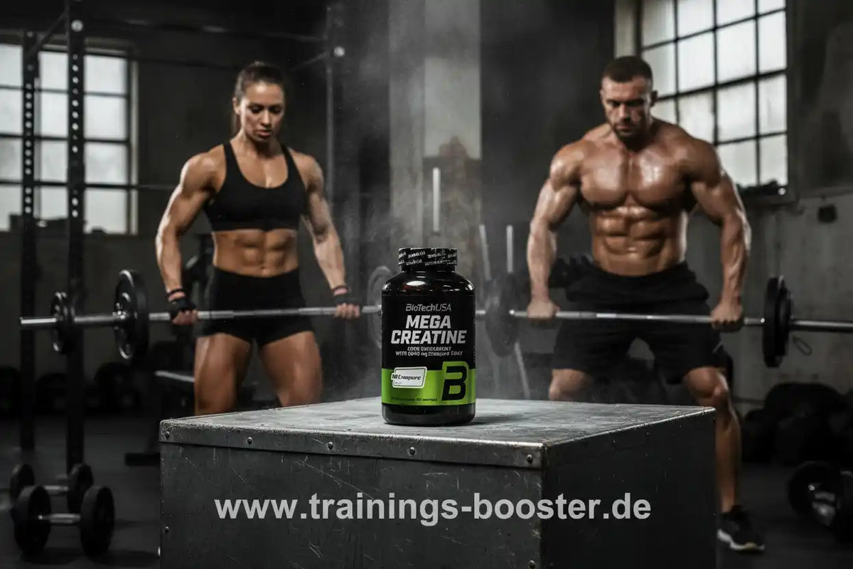 Mega Creatine von BioTechUSA – Sportnahrung für Krafttraining mit muskulärem Paar im Gym