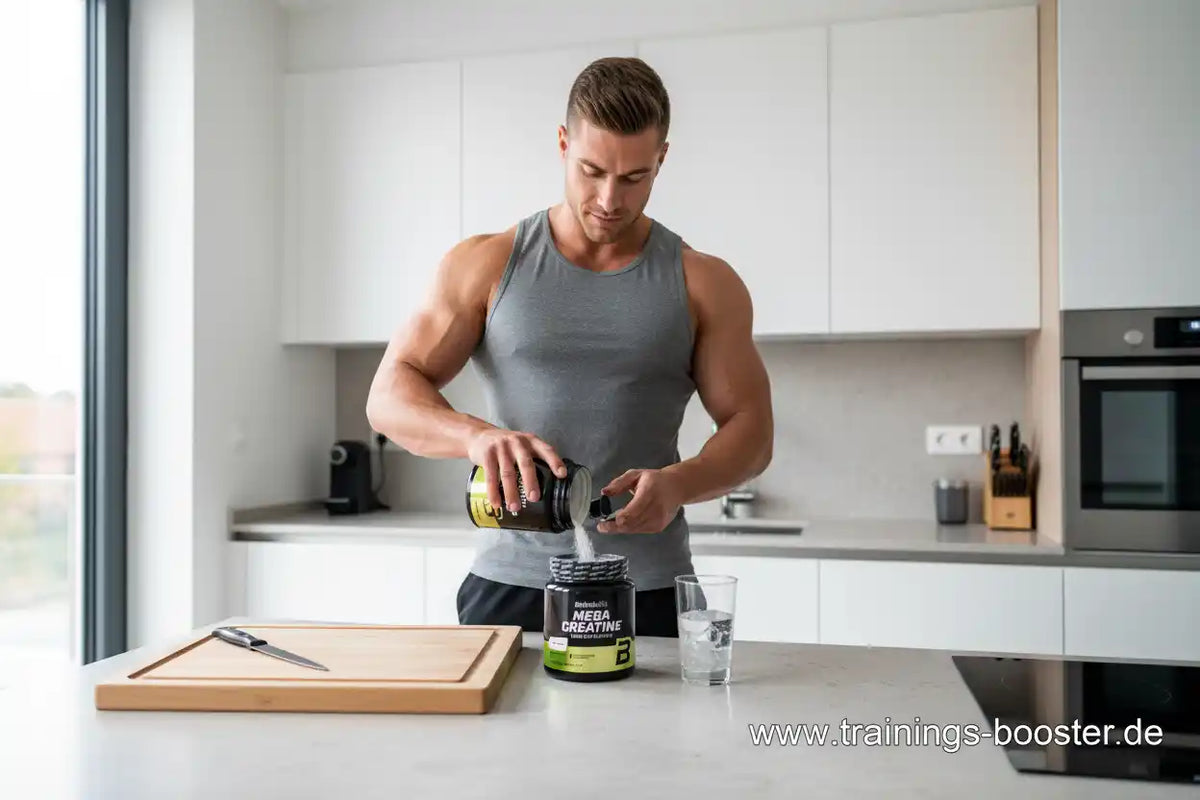 Muskulöser Mann gießt Kreatin-Pulver in Shaker – ideal für Sportler und Fitness-Training