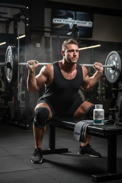 Muskulöser Mann beim Gewichtheben mit Booster-Flasche im Fitnessstudio