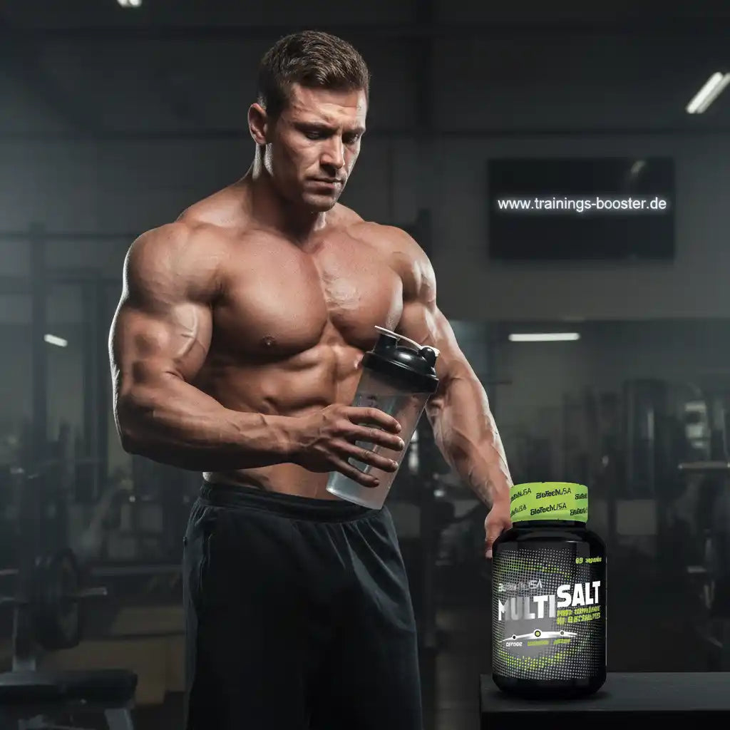 Muskulöser Mann mit Multisalt-Booster und Shaker im Fitnessstudio