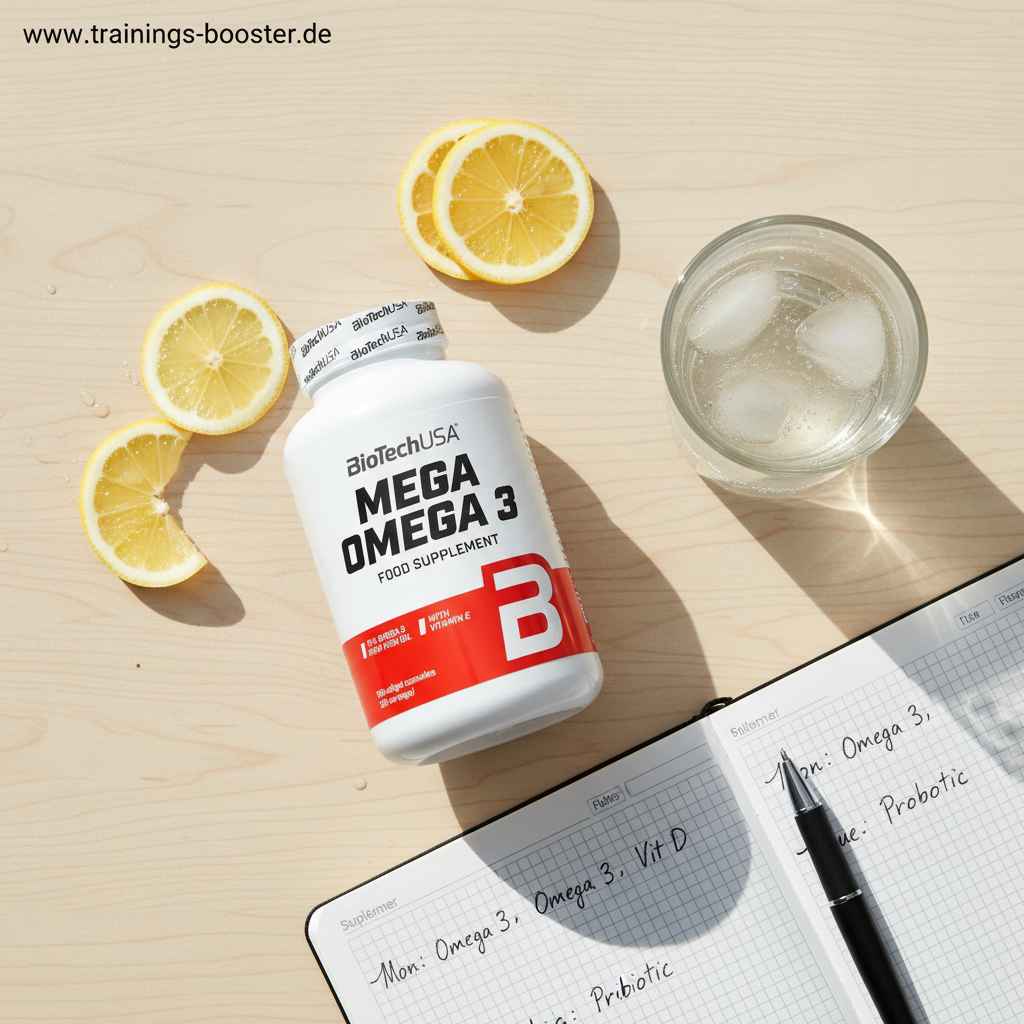 BioTechUSA Mega Omega 3 Nahrungsergänzungsmittel mit Zitronenscheiben und Wasserglas