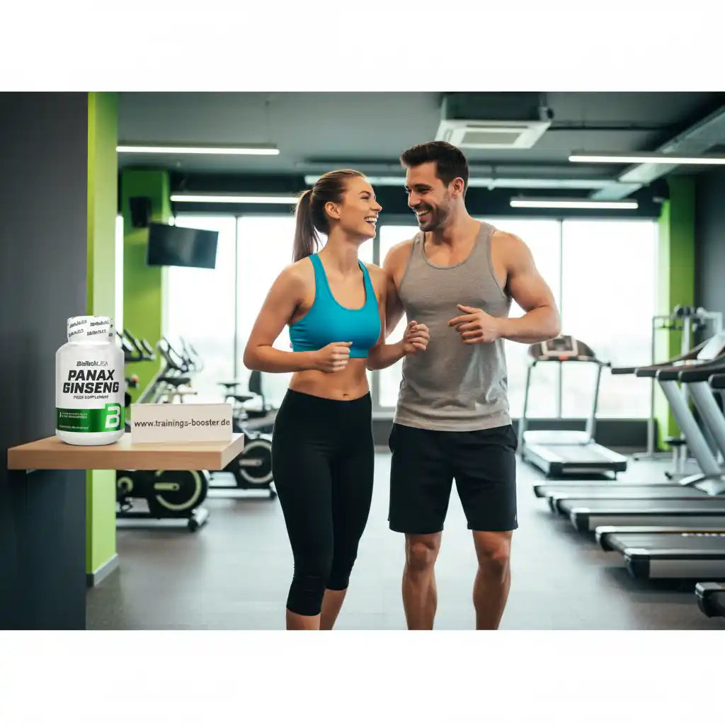 Paar im Fitnessstudio mit Panax Ginseng Nahrungsergänzungsmittel für Training und Energie