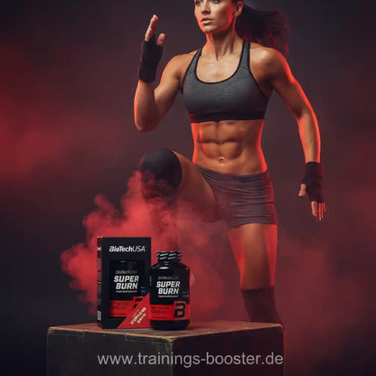 BioTechUSA Super Burn Fatburner mit sportlicher Frau im Training, ideal für Fitness & Muskelaufbau