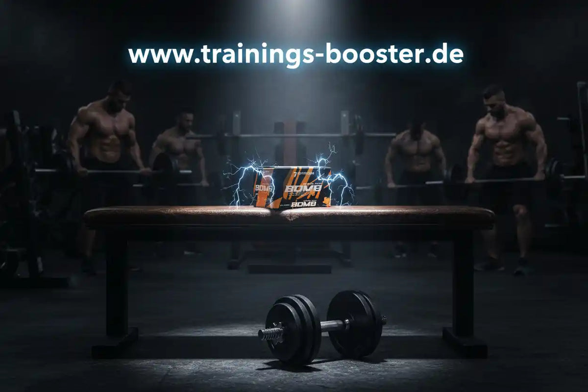 Trainings-Booster Box mit Blitz-Effekt auf Bank im Fitnessstudio, umgeben von Athleten und Hanteln