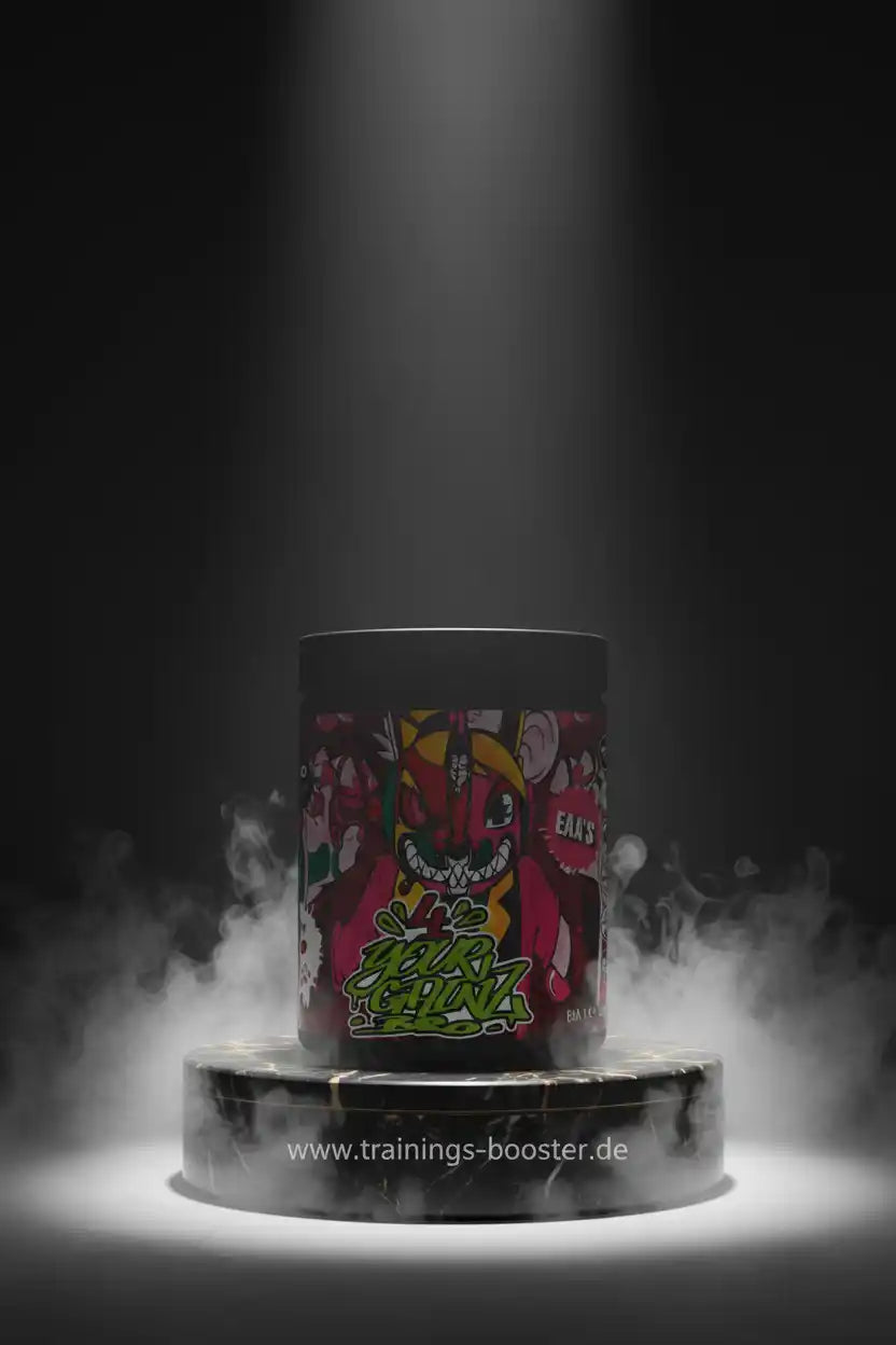 Ein schwarzes Dose Nahrungsergänzungsmittel mit farbenfrohem Grafik-Design auf einem Podest im Nebel.