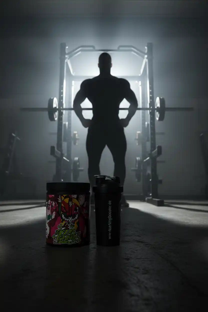 BPS Pharma 4YourGainz Bro EAA Dose und Shaker vor Silhouette eines Bodybuilders im Fitnessstudio