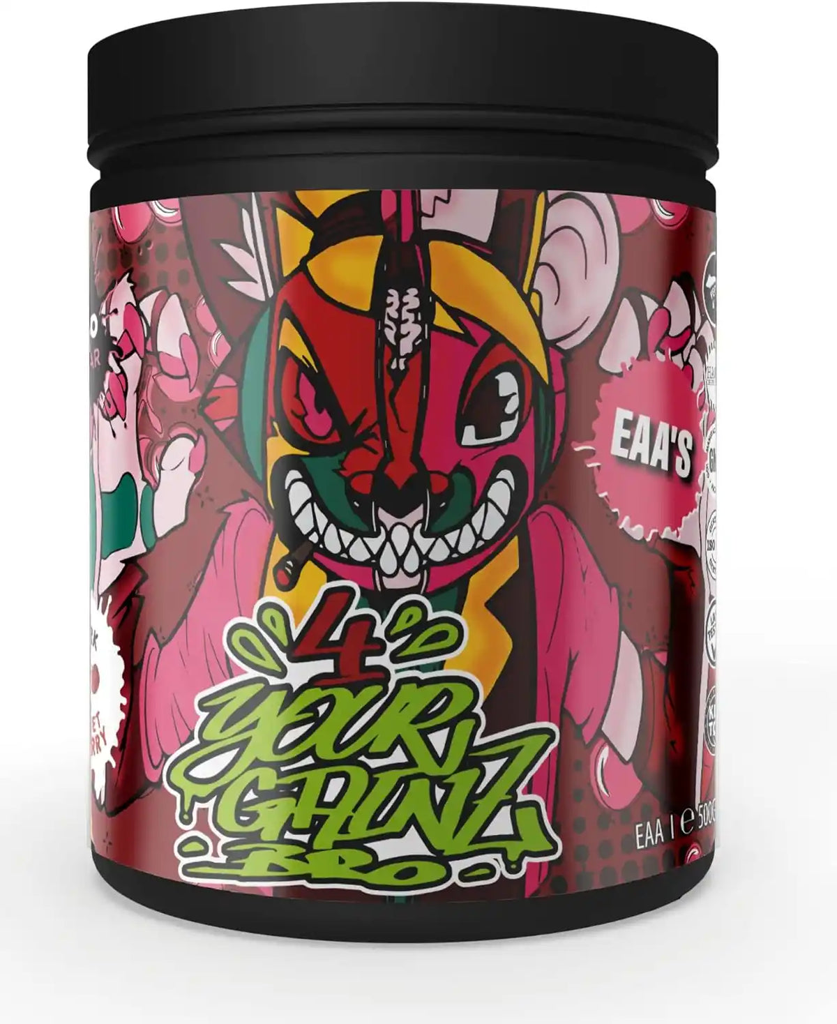 EAA's Aminosäuren Booster mit bunter Grafik und '4 Your Gainz' Aufschrift für Muskelaufbau