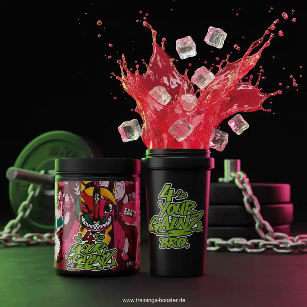 BPS Pharma 4YourGainz Bro EAA Dose und Shaker mit spritzender roter Flüssigkeit und Eiswürfeln