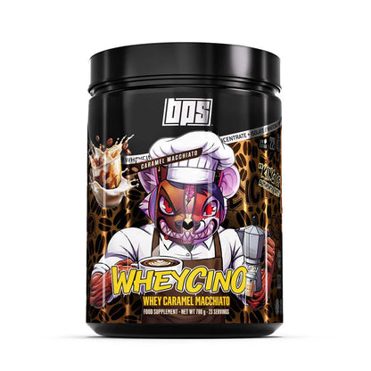Whey Caramel Macchiato Proteinpulver mit Kaffee-Design und Cartoon-Ratte, Nahrungsergänzung für Sportler