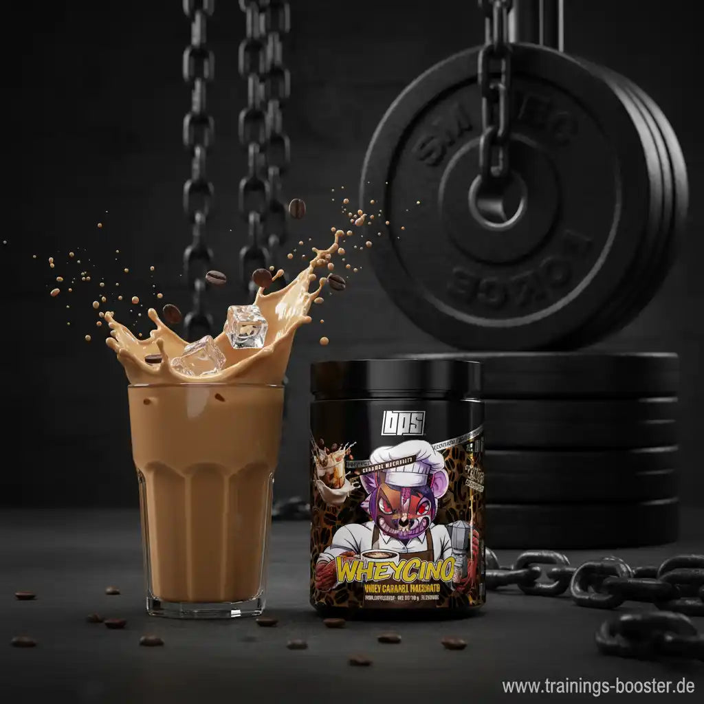 BPS Pharma WheyChino Whey Protein Caramel Macchiato mit Protein-Shake und Gewichten