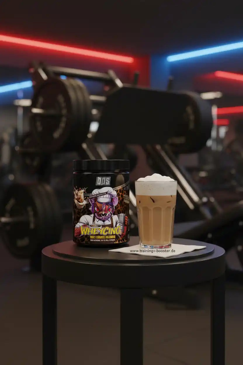 BPS Pharma WheyChino Proteinpulver Dose und fertiger Shake im Fitnessstudio