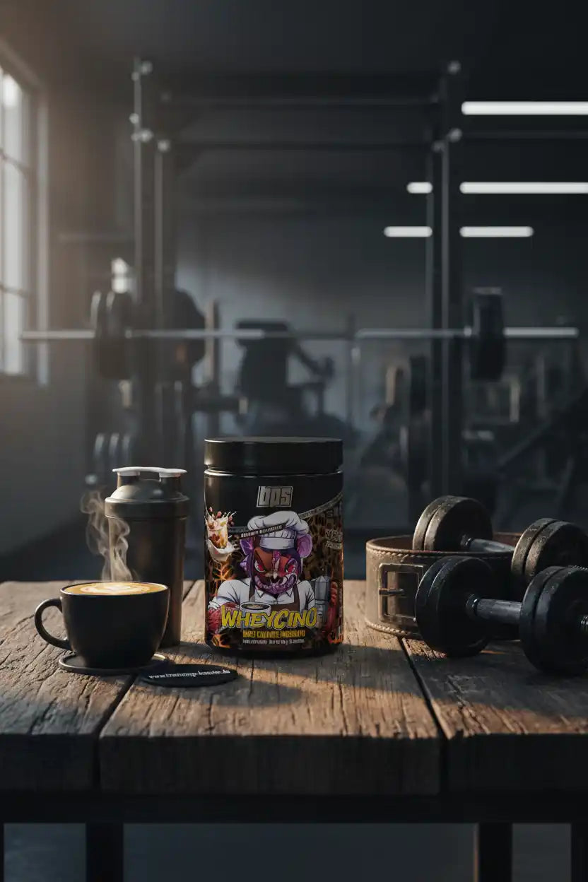 BPS Pharma WheyChino Proteinpulver neben einer Tasse Kaffee in einem Fitnessstudio