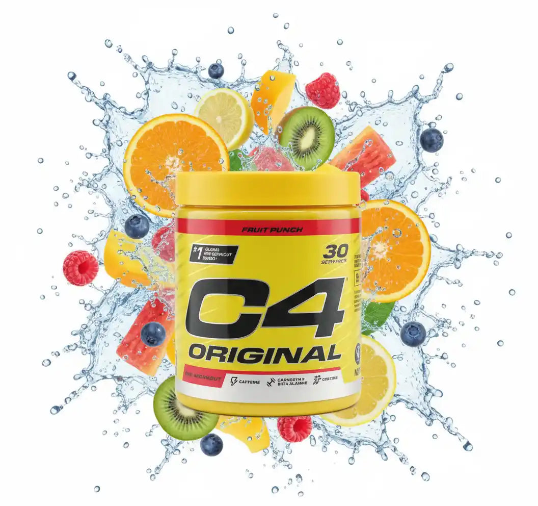 Cellucor C4 Original Pre Workout Booster in Fruit Punch Geschmack mit spritzigen Früchten und Wasser