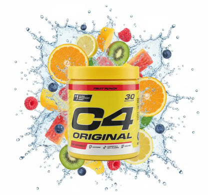 Cellucor C4 Original Pre Workout Booster in Fruit Punch Geschmack mit spritzigen Früchten und Wasser