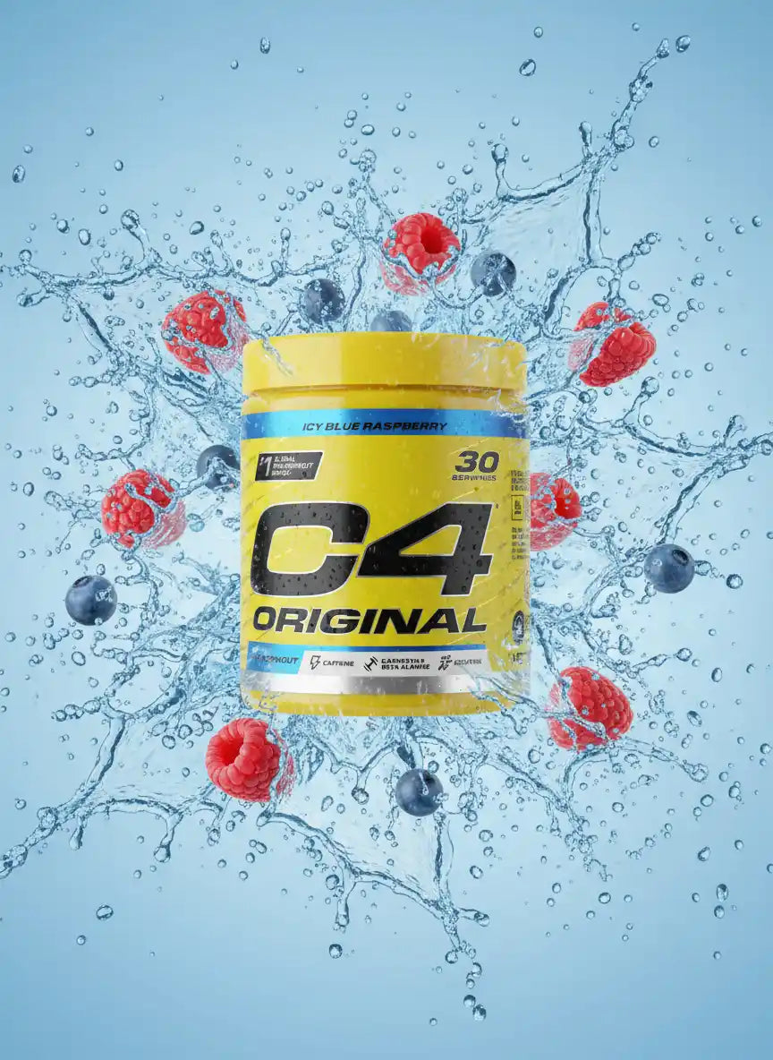 Cellucor C4 Original Pre-Workout Booster in Icy Blue Raspberry mit spritzendem Wasser und Beeren.