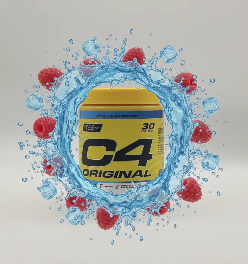Cellucor C4 Original Pre-Workout Booster in Icy Blue Raspberry mit Wasser und Himbeeren.