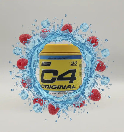 Cellucor C4 Original Pre-Workout Booster in Icy Blue Raspberry mit Wasser und Himbeeren.