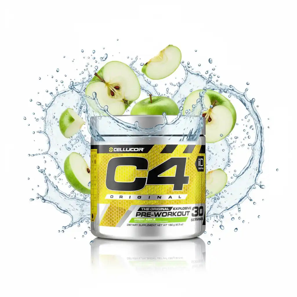 Cellucor C4 Original Pre-Workout Booster Dose mit spritzenden Wasserwellen und grünen Äpfeln