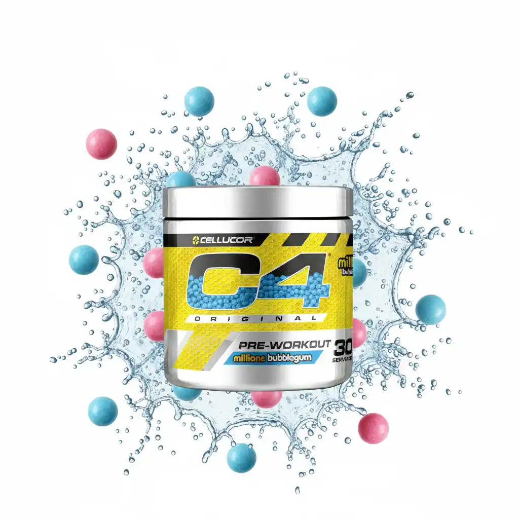 Cellucor C4 Pre-Workout Booster im Geschmack Millions Bubblegum mit Wasserspritzern und Kaugummi-Kugeln