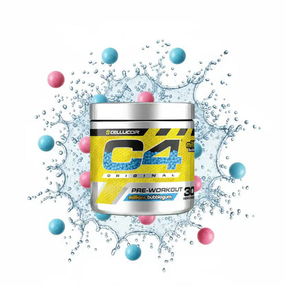 Cellucor C4 Pre-Workout Booster im Geschmack Millions Bubblegum mit Wasserspritzern und Kaugummi-Kugeln