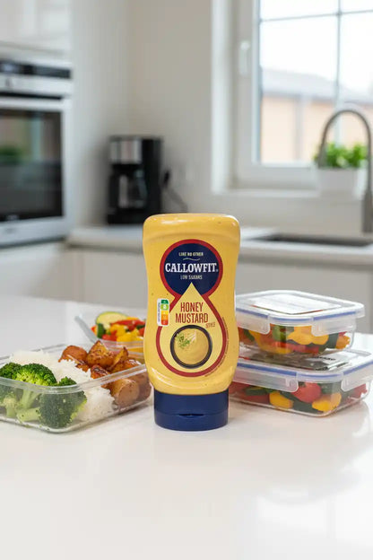 Callowfit Honey Mustard Sauce in einer gelben Tube neben gesunden Meal Prep Boxen mit Gemüse.