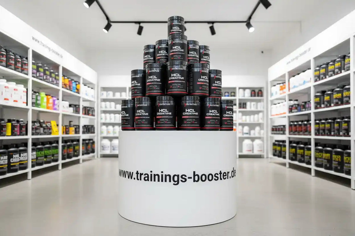 HCL Creatine Booster in einem modernen Sportnahrungsgeschäft mit Regalen voller Produkte