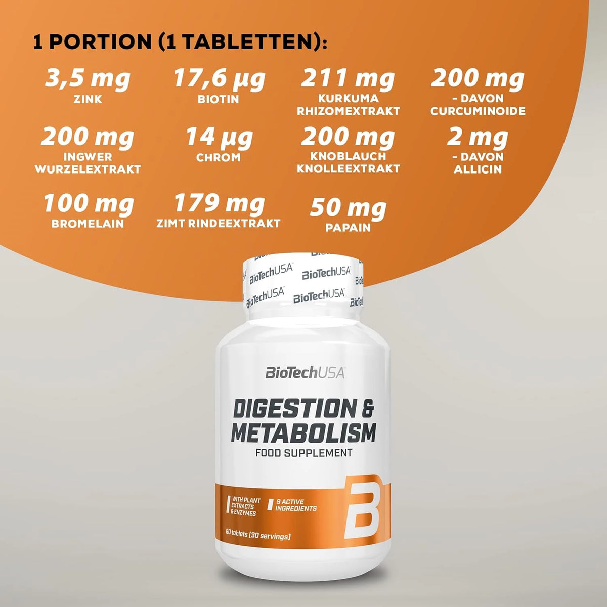 BioTechUSA Digestion & Metabolism Nahrungsergänzung mit Kurkuma, Ingwer, Knoblauch & Enzymen für Stoffwechsel und Verdauung