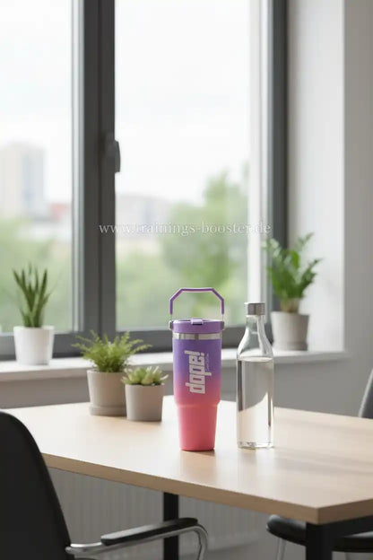 Lila-rosa Doppel-Trinkflasche mit Griff auf Holztisch, ideal für Sportnahrung und Booster