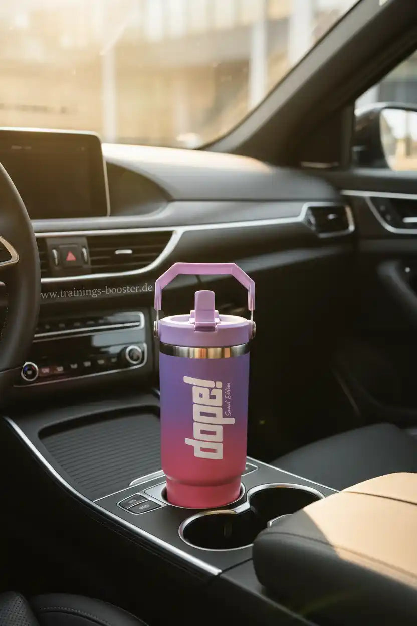 Lila-pinkes Dope! Sportgetränke-Flasche im Auto-Cupholder, ideal für Training & Fitness unterwegs