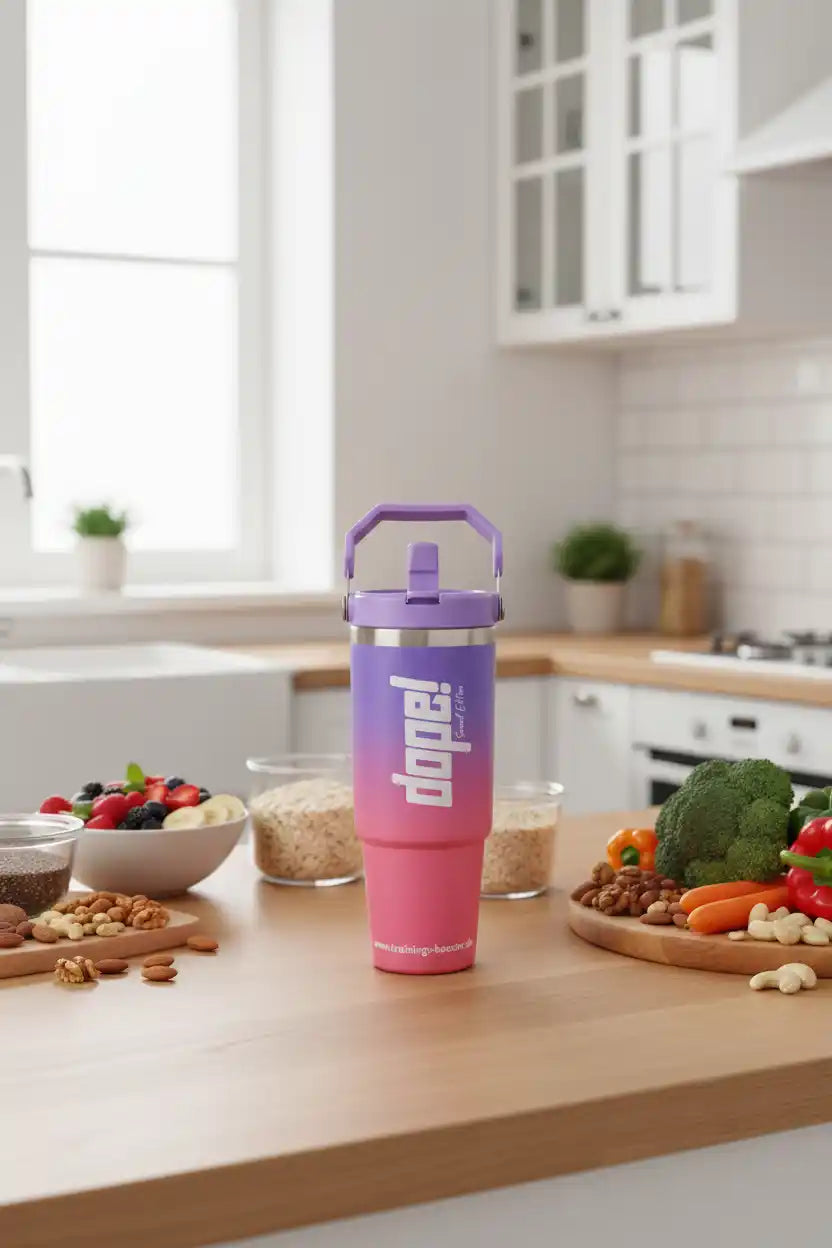 Lila-pinkes Dope! Shaker-Becher mit Obst, Nüssen und Gemüse in moderner Küche für Sportnahrung & Booster