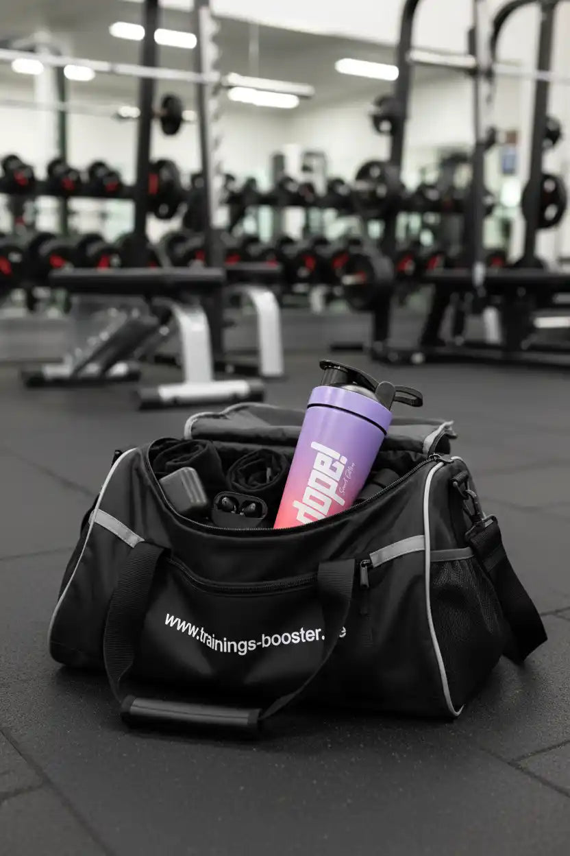 Schwarze Sporttasche mit Shaker und Fitnesszubehör im Gym, ideal für Training und Booster