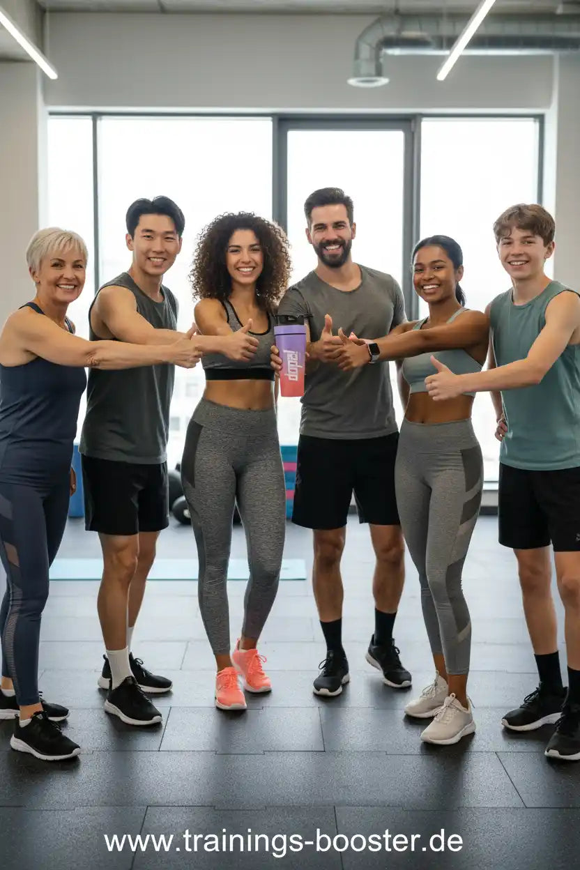 Gruppe in Sportkleidung mit Shaker, ideal für Fitness und Training
