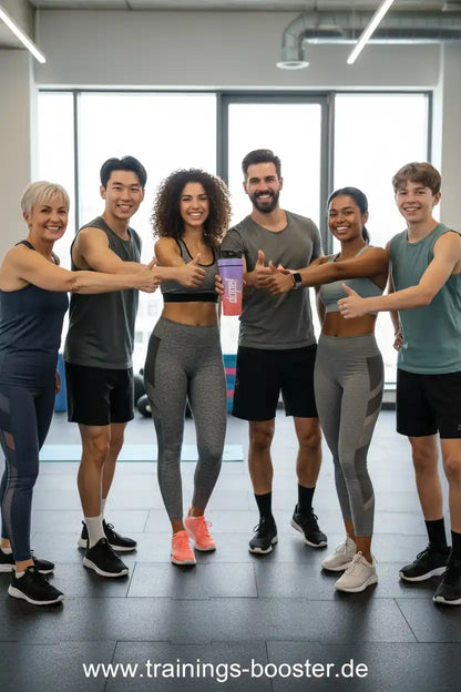 Gruppe in Sportkleidung mit Shaker, ideal für Fitness und Training