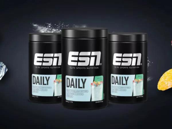 ESN Daily Sportnahrung Dosen mit Fruchtmotiv und Spritzwasser für Fitness und Ernährung