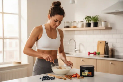 Frau in Sportbekleidung bereitet Protein-Porridge mit Beeren und Nüssen zu – ideal für Fitness & Training