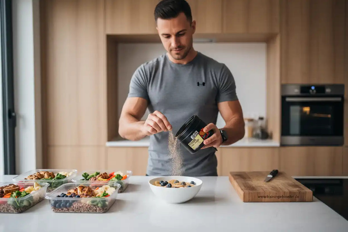 Mann streut Proteinpulver in Müslischale – Sportnahrung & Nahrungsergänzungsmittel für Fitness und Training