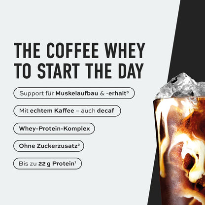 Kaffee Whey Protein Getränk mit Eiswürfeln, ideal für MuskelAufbau und ohne Zuckerzusatz
