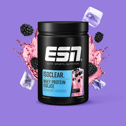 ESN ISOCLEAR Whey Protein Isolate in Blackberry Flavor, 908g Dose auf lila Hintergrund.