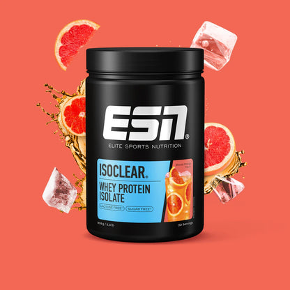 ESN ISOCLEAR Whey Protein Isolate im Geschmack Bloody Orange, 908g Dose auf rotem Hintergrund.