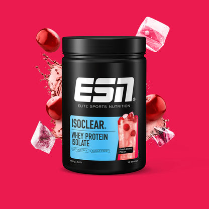 ESN ISOCLEAR Whey Protein Isolate im Geschmack Fresh Cherry, 908g Dose vor rotem Hintergrund