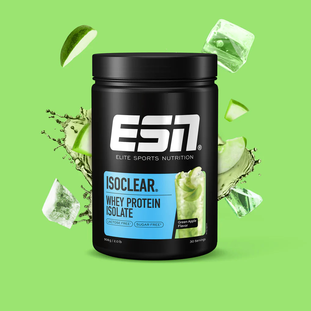 ESN ISOCLEAR Whey Protein Isolate in grüner Apfel Geschmack vor grünem Hintergrund