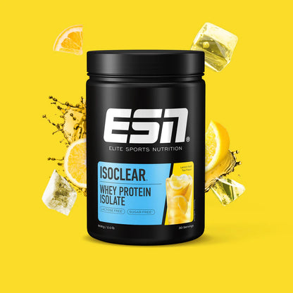 ESN ISOCLEAR Whey Protein Isolate 908g im Lemon Iced Tea Geschmack auf gelbem Hintergrund