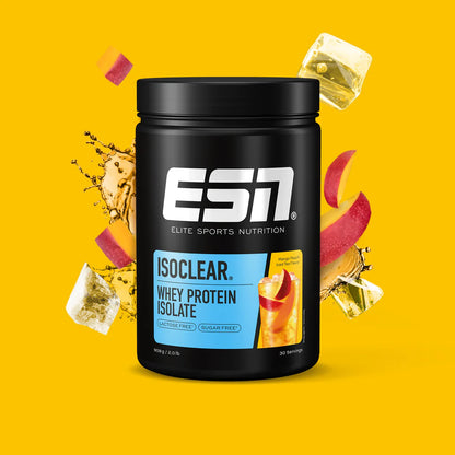 ESN ISOCLEAR Whey Protein Isolate in Mango Peach Iced Tea Geschmack vor gelbem Hintergrund