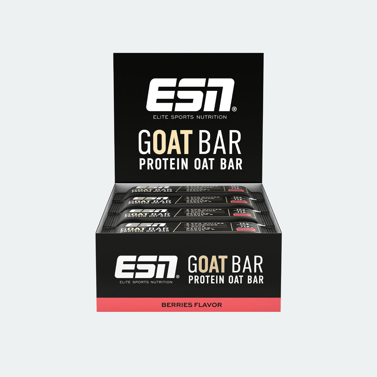 ESN GOAT Bar Proteinriegel Berries Geschmack in geöffneter Displaybox, Nahrungsergänzung