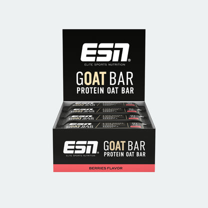 ESN GOAT Bar Proteinriegel Berries Geschmack in geöffneter Displaybox, Nahrungsergänzung
