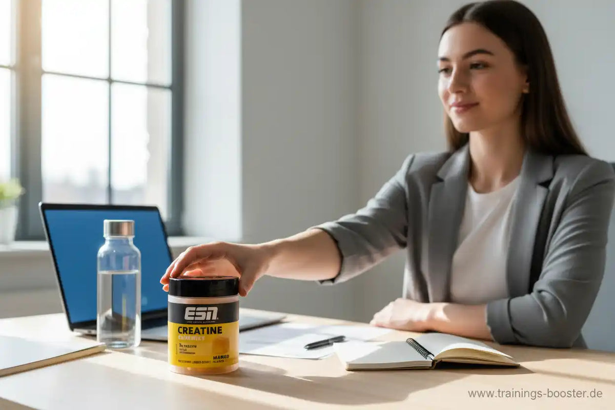 Frau mit ESN Creatine Pulver am Schreibtisch, ideal für Sport und Fitness