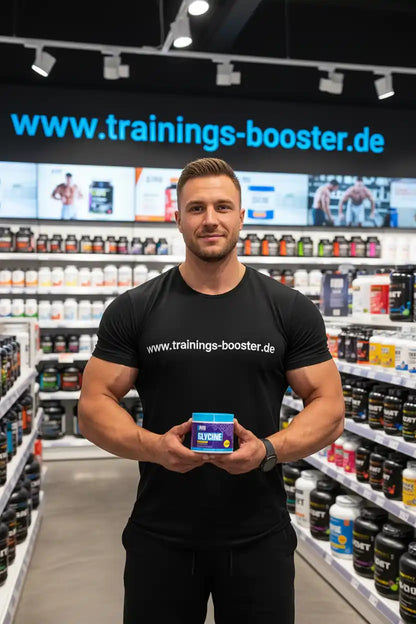 Muskulöser Mann hält Glycin-Booster in Sportnahrungsladen, ideal für Training und Fitness