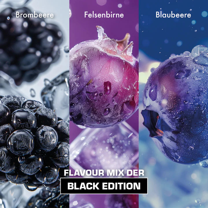 Nahaufnahme von Brombeere, Felsenbirne und Blaubeere für OS Nutrition Black Edition Geschmacksmix