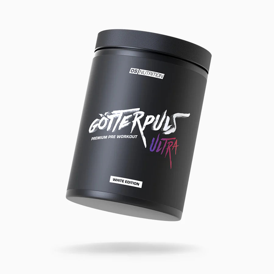 OS Nutrition Götterpuls ULTRA Premium Pre Workout in der White Edition, schwarze Dose