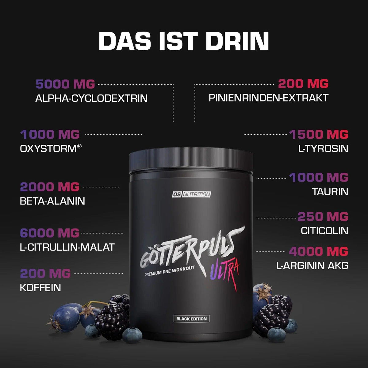 OS Nutrition Götterpuls Ultra Pre-Workout Dose mit detaillierter Inhaltsstoffliste und Beeren.